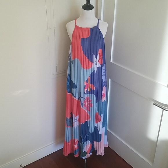 🎉HP🎉NWT Anthropologie Multicolor abstract floral pleat maxi dress w/ bowtie M - Picture 3 of 7